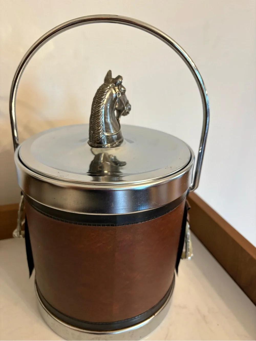 Vintage Equestrian Polo Faux Leather Ice Bucket with Horse Head Lid